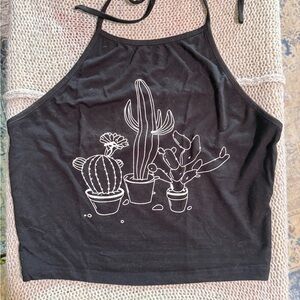 SHEIN Black Crop Top with White Cactus Print